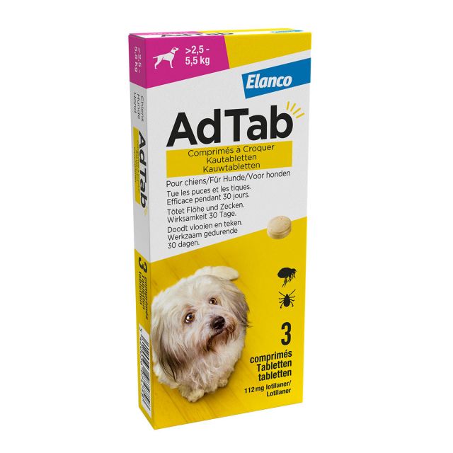 AdTab Kauwtablet voor Honden (2.5-5.5 kg) -3 tabletten+ Gratis Lampje voor Halsband