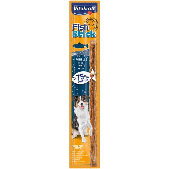 Vitakraft Fish Stick met forel bevat meer dan 75% pure vis en is daardoor ideaal voor honden met voedselovergevoeligheden. De natuurlijke omega 6 vetzuren ondersteunen een gezonde huid en een mooie vacht. De vis wordt verkregen uit duurzame viskwekerij. I