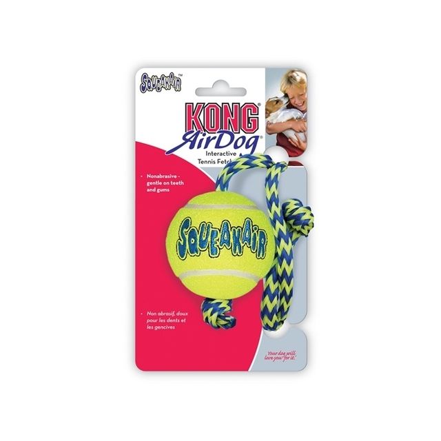 KONG Air Squeaker Ball met Touw Geel & Blauw - Medium