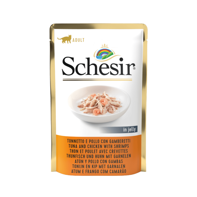 Schesir Kat Pouch Tonijn Kip Garnaal gelei -85 gram