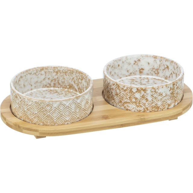Trixie Voer/waterbak Set keramiek / bamboe -2 × 0,8 l/ø 16 cm/39 × 8 × 20 cm