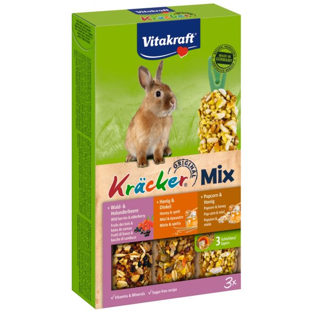 Vitakraft Dwergkonijnkracker Trio Mix honing/popcorn /bosbes  -3 in 1 