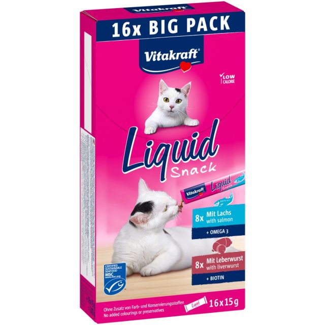 Vitakraft Cat Liquid Snack Multi-Pack Leverworst+Zalm MSC -16x15 gram